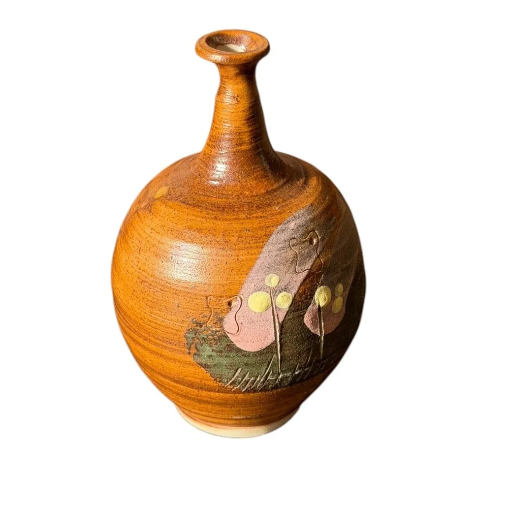 Studio Pottery Bud Vase Hand Painted Floral Brown Glazed Ceramic 3 inch
